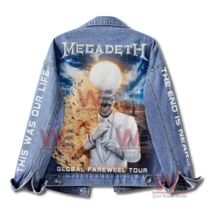 Megadeth Global Farewell Tour Denim Jacket 5 Back view denim jacket with large rock music themed illustration!