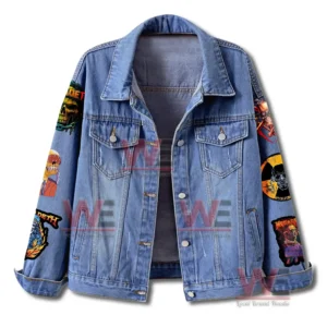 Megadeth Ride the Lightning Canada 2026 Denim Jacket 4 Front view of a blue denim jacket with button closure and decorative band themed patches on the sleeves!