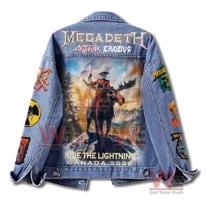 Megadeth Ride the Lightning Canada 2026 Denim Jacket 5 Detailed back view of a denim jacket featuring a large central illustration and prominent band inspired text designs!