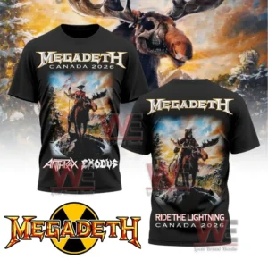 Megadeth Canada tour t shirt with illustrated rider artwork and bold band logo on black fabric!
