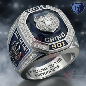 Luxury championship ring with bear emblem grit grind text dark gemstone center and diamond details displayed in dramatic lighting!