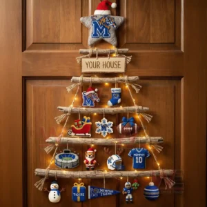 Memphis Tigers Premium Rustic Wall Christmas Tree Ornament 3 A rustic wooden branch Christmas wall tree decorated with Memphis Tigers ornaments and warm lights hanging on a wooden door!