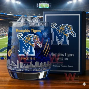Memphis Tigers branded glass with blue iced drink positioned inside a football stadium setting!