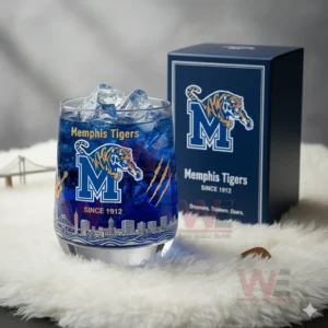 Memphis Tigers glass with blue iced drink displayed in a bright indoor sports themed room!