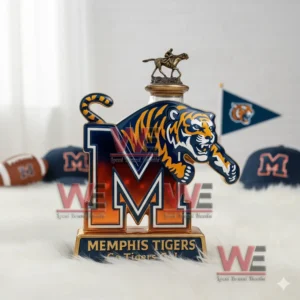 A Memphis Tigers bottle with a bold M logo and tiger graphic placed in a sports themed setup with matching items in the background!