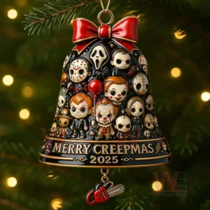 Christmas bell ornament with cartoon horror characters red bow and spooky festive style hanging on a tree!