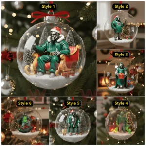 Multiple clear baubles each containing a masked figure in green holiday attire within snowy festive scenes!