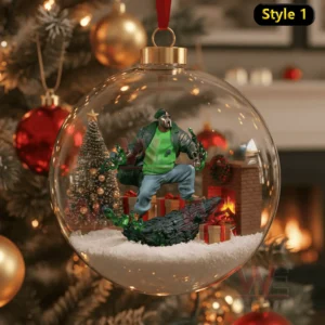 MF DOOM Rapper Christmas Ornament 10 Clear bauble showing a masked figure in green beside a fireplace and Christmas gifts!