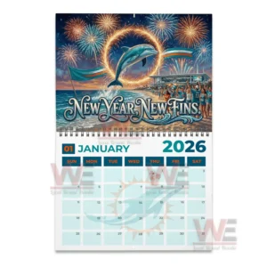 A leaping dolphin passing through a flaming ring with fireworks overhead and Miami Dolphins fans cheering by the ocean beside the stadium.