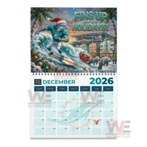 Miami Dolphins 2026 Wall Calendar 7 A surfing dolphin athlete in holiday attire with Santa and manatees on a decorated wave near the Miami Dolphins stadium.