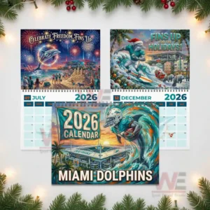 Miami Dolphins 2026 Wall Calendar 8 A collage of Miami Dolphins calendar pages displaying July festivities December holiday art and the main cover with a dolphin football player by the stadium.