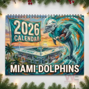 Miami Dolphins 2026 Wall Calendar 9 A dolphin football player rising from a wave next to the Miami Dolphins stadium under a bright sunset sky.