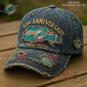 Miami Dolphins anniversary denim cap with embroidered details resting on a wooden surface!