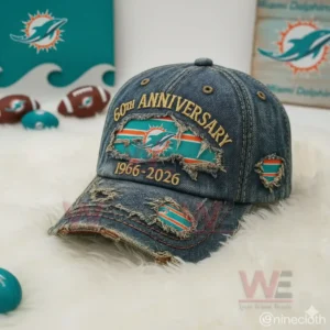 Miami Dolphins 60th Anniversary 1966-2026 Cap hat 4 Miami Dolphins anniversary denim cap displayed indoors with football themed background elements!