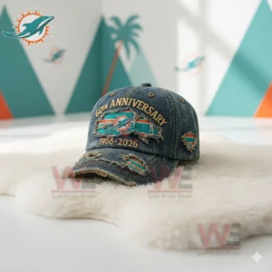 Miami Dolphins 60th Anniversary 1966-2026 Cap hat 5 Miami Dolphins anniversary denim cap centered in a bright indoor display with team themed background!