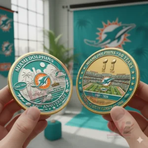 A detailed Miami Dolphins anniversary coin is displayed in hands with teal and gold colors and intricate engraved design!