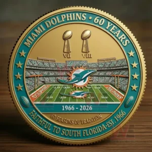 Miami Dolphins 60th Anniversary 1966-2026 Faithful to South Florida Coin 7 A detailed Miami Dolphins coin displays a football stadium design with gold and teal accents!