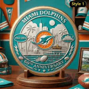 Miami Dolphins 60th Anniversary 1966-2026 Faithful to South Florida Coin 8 A Miami Dolphins anniversary coin stands on a wooden base with teal background and sports themed decor!