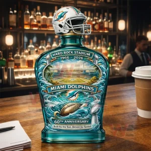 Miami Dolphins anniversary decorative bottle with stadium scene football imagery and team branding!