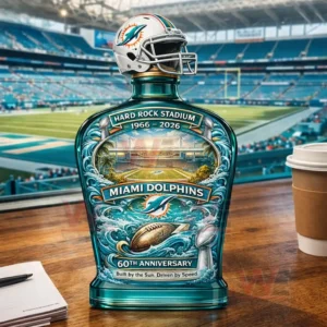 Miami Dolphins 60Th Anniversary 1966-2026 Hard Rock Stadium Whiskey Bottle 3 Miami Dolphins decorative anniversary bottle with stadium background and football themed artwork!