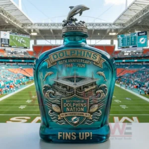 Miami Dolphins anniversary whiskey bottle with dolphin topper displayed inside a football stadium!