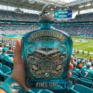 Miami Dolphins 60th Anniversary 1966-2026 Whiskey Bottle 3 Miami Dolphins collector whiskey bottle held by a fan inside a packed football stadium!