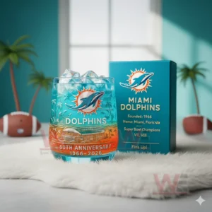 Miami Dolphins anniversary glass with blue iced drink beside a teal presentation box displaying team logo and championship information!
