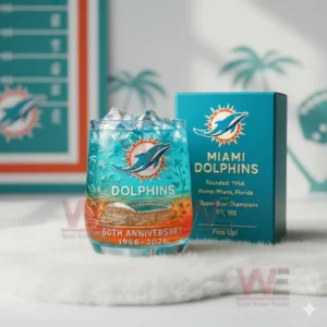 Miami Dolphins glass with blue iced drink beside a teal box in a bright room with palm themed decorations!