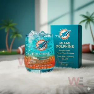 Miami Dolphins sixtieth anniversary glass with blue iced drink beside a teal box in a coastal themed setting!