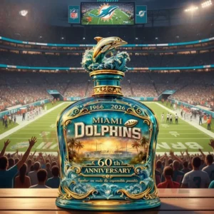 Commemorative Miami Dolphins bottle with dolphin topper and sixty anniversary design displayed on a football field with cheering fans!