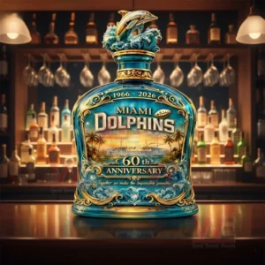 Miami Dolphins 60Th Anniversary 2026 Football Legacy Whiskey Bottle 3 Miami Dolphins sixty anniversary commemorative bottle with dolphin topper displayed on a bar counter with warm lighting and shelves of bottles!