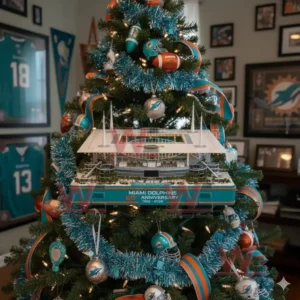 Miami Dolphins Christmas tree decorated with teal and orange ornaments football memorabilia and a detailed Hard Rock Stadium anniversary model hanging at the center!
