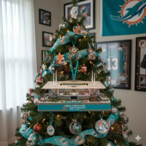 Miami Dolphins Hard Rock Stadium 60th Anniversary Ornament 4 Wide view of a Miami Dolphins themed Christmas tree featuring teal decorations football ornaments team memorabilia and a stadium anniversary ornament!