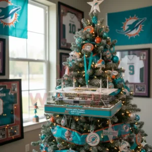 Miami Dolphins Hard Rock Stadium 60th Anniversary Ornament 5 Miami Dolphins Christmas tree with frosted branches teal orange decorations team memorabilia and a Hard Rock Stadium anniversary ornament in a fan display room!