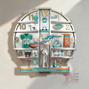 Decorative Miami Dolphins wall clock with teal and orange colors football memorabilia symbols and a bold centerpiece logo designed for fans and home display!