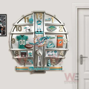 Miami Dolphins wall clock mounted on a wall with visible team imagery creating a strong sports accent in a home environment!