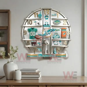 Miami Dolphins wall clock displayed in a living room interior with furniture and decor highlighting sports fandom and modern style!