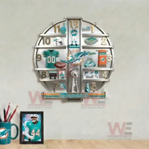 Miami Dolphins wall clock above a desk with football themed decor creating a dedicated fan inspired workspace!