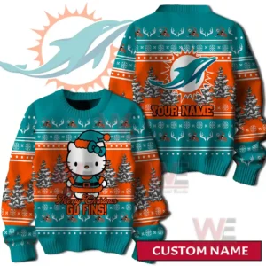 A front and back view of a teal and orange holiday sweater featuring a festive character winter trees decorative patterns and a large dolphin emblem with customizable name space!