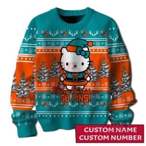A front view of a teal and orange holiday sweater with a festive character winter trees and repeating decorative patterns!