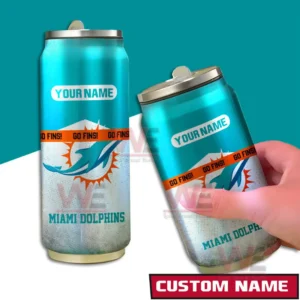 Miami Dolphins NFL Personalized Can Tumbler 4 Two angle view of a custom name Miami Dolphins can shaped tumbler in teal and silver.