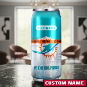 Miami Dolphins NFL Personalized Can Tumbler 5 Custom name Miami Dolphins can shaped tumbler displayed upright on a table indoors.