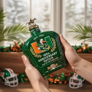Hands holding a green commemorative whiskey bottle with a collegiate emblem in a decorated room!