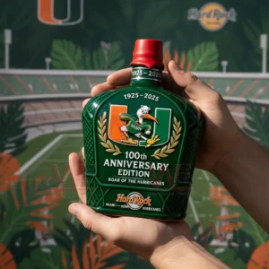 Person holding a green whiskey bottle with a university emblem in front of a stadium background!