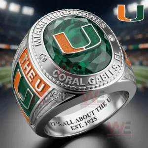 Miami Hurricanes ring with green gemstone face and U logo with orange and green side accents.