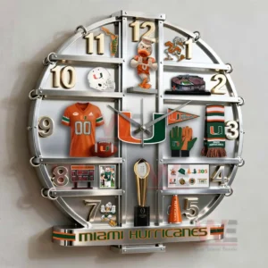 Decorative Miami Hurricanes wall clock with team memorabilia displayed inside a round metal frame for home or office decor!