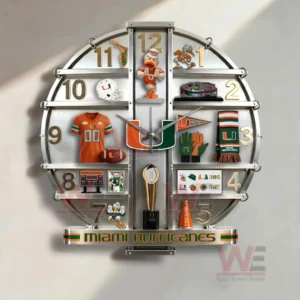 Miami Hurricanes Home Decorative 3D Wall Clock 6 Front view of a Miami Hurricanes decorative wall clock with organized sports memorabilia and bold team colors!