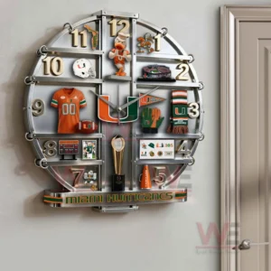 Miami Hurricanes Home Decorative 3D Wall Clock 7 Wall mounted Miami Hurricanes themed clock displayed in a home interior setting beside a doorway!