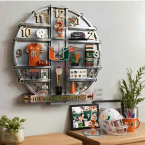 Miami Hurricanes Home Decorative 3D Wall Clock 8 Miami Hurricanes decorative wall clock featured in a home office setup with coordinated sports decor elements!