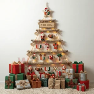 A rustic wooden christmas wall tree decorated with miami hurricanes ornaments and surrounded by many presents on the floor.